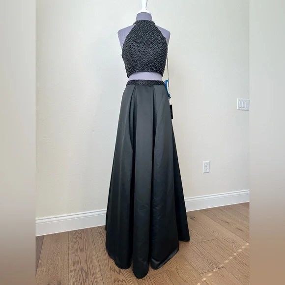 NWT Black Full Length Satin Beaded Two-Piece Formal Gown - Picture 2 of 16